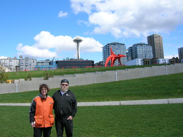 Doug and my sister with the seattle background/skyline.